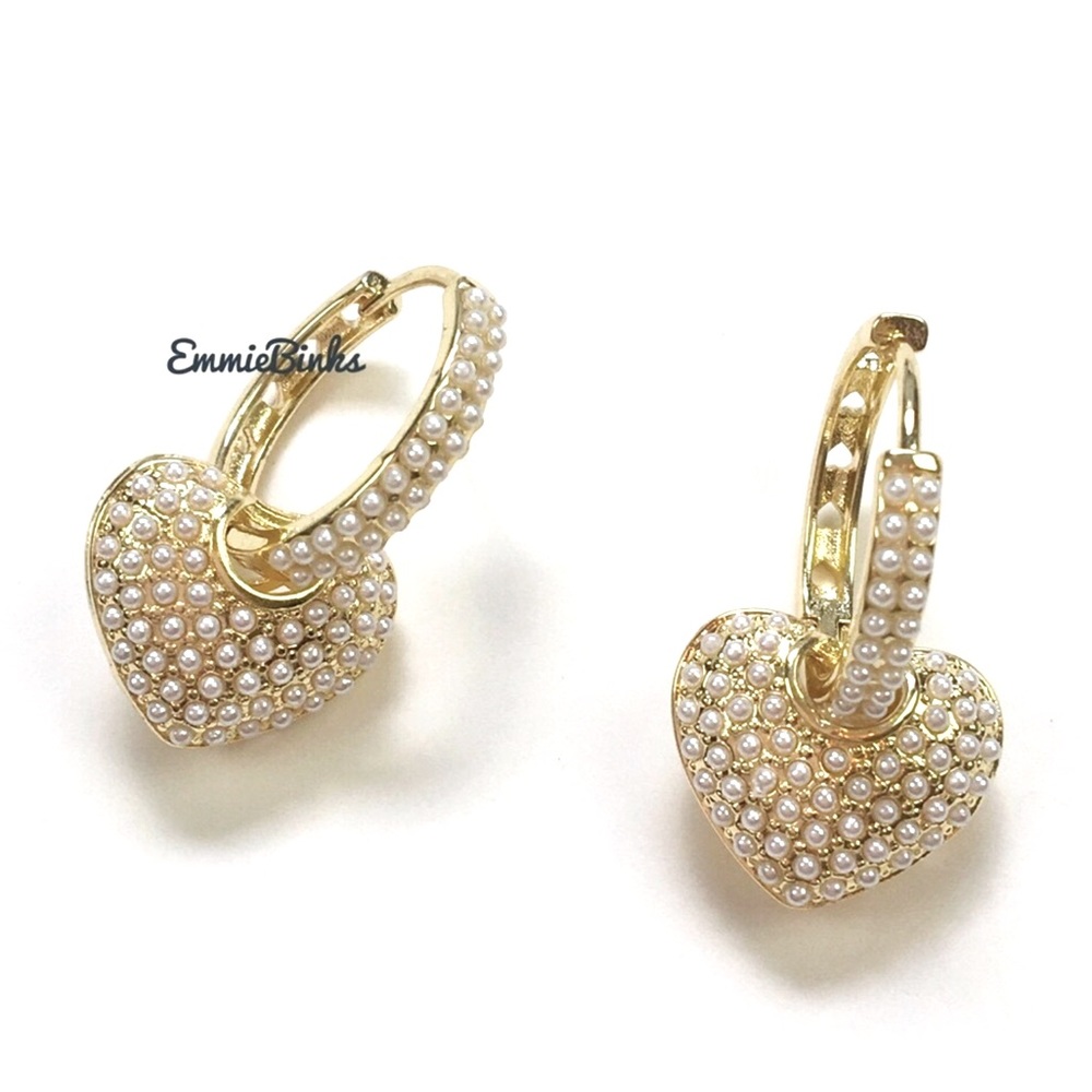 New Madewell Beaded Pearl Heart Charm Drop Earrings ~ Vintage Style Hoops